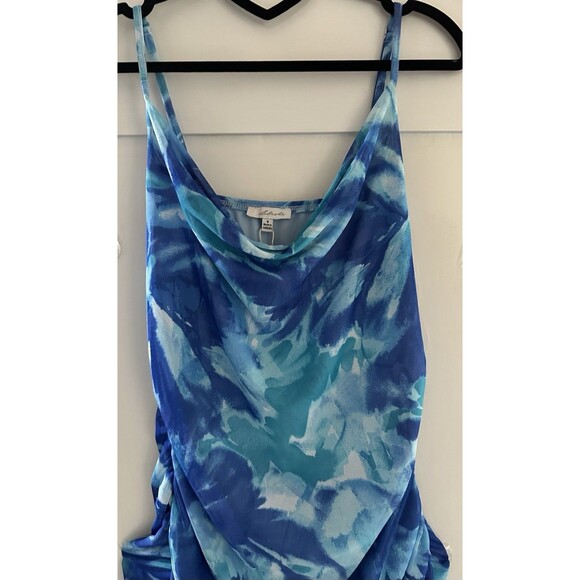 Women’s Blue Green Abstract Floral Cowl Neck Strappy Back Ruched Maxi Dress Sz S - Picture 4 of 8